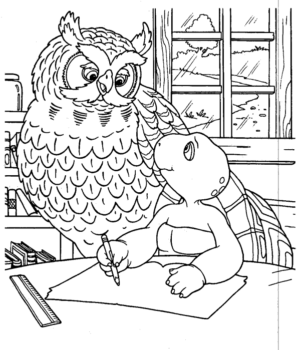 coloriage Franklin fait ses devoirs avec maitre hiboux